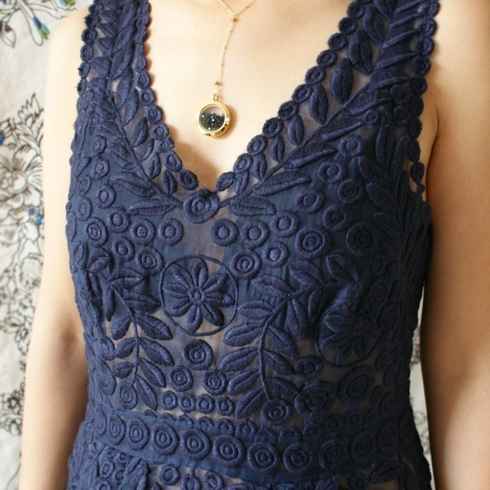 YOANA Baraschi BHLDN Navy Embroidered Floral Leaf Lace 100% Silk Cocktail Dress